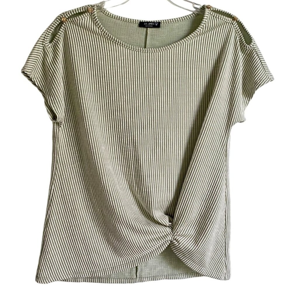 Ava James Striped Knot Front Short Sleeve Top Gold Button Accents Women's Medium